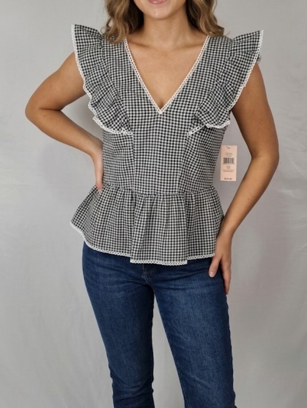 Nanette Lepore Black & White Gingham Ruffle Peplum Blouse Size M